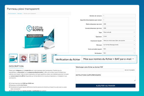 Lors de la configuration de votre produit imprimé, sélectionnez la mise aux normes du fichier (avec ou sans BAT) dans 