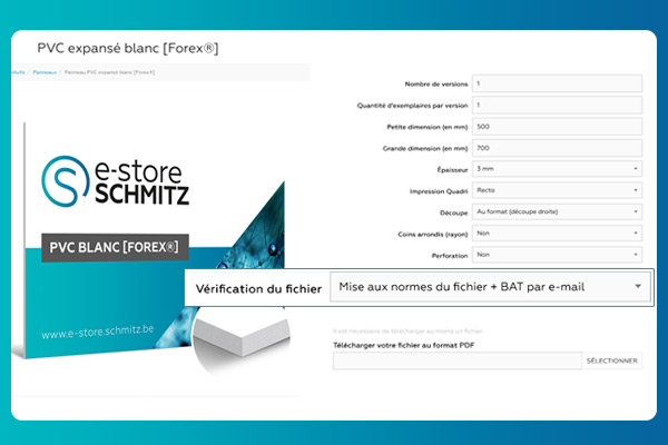 Lors de la configuration de votre produit imprimé, sélectionnez la mise aux normes du fichier (avec ou sans BAT) dans 