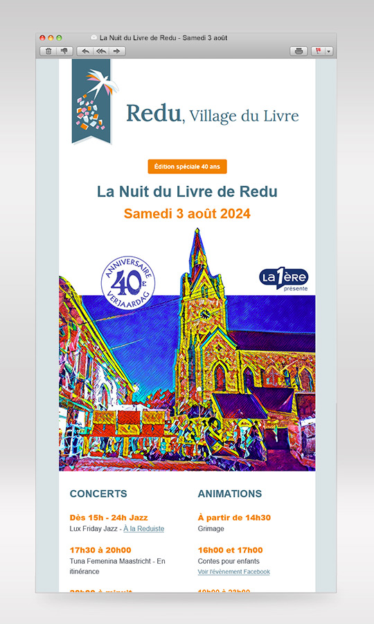 Création et envois de newsletters pour Redu, Village du Livre